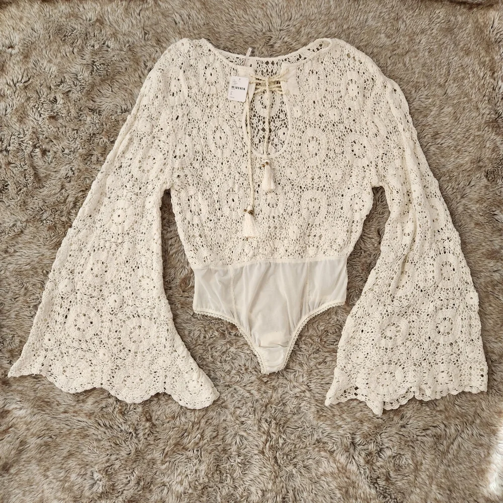 Free‎ People Desert Daze Crochet Bodysuit In Ivory White Womens Size Large